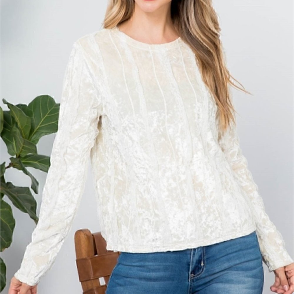 BOHO WOMENS CREAM VELVET LACE DETAIL BLOUSE TOP